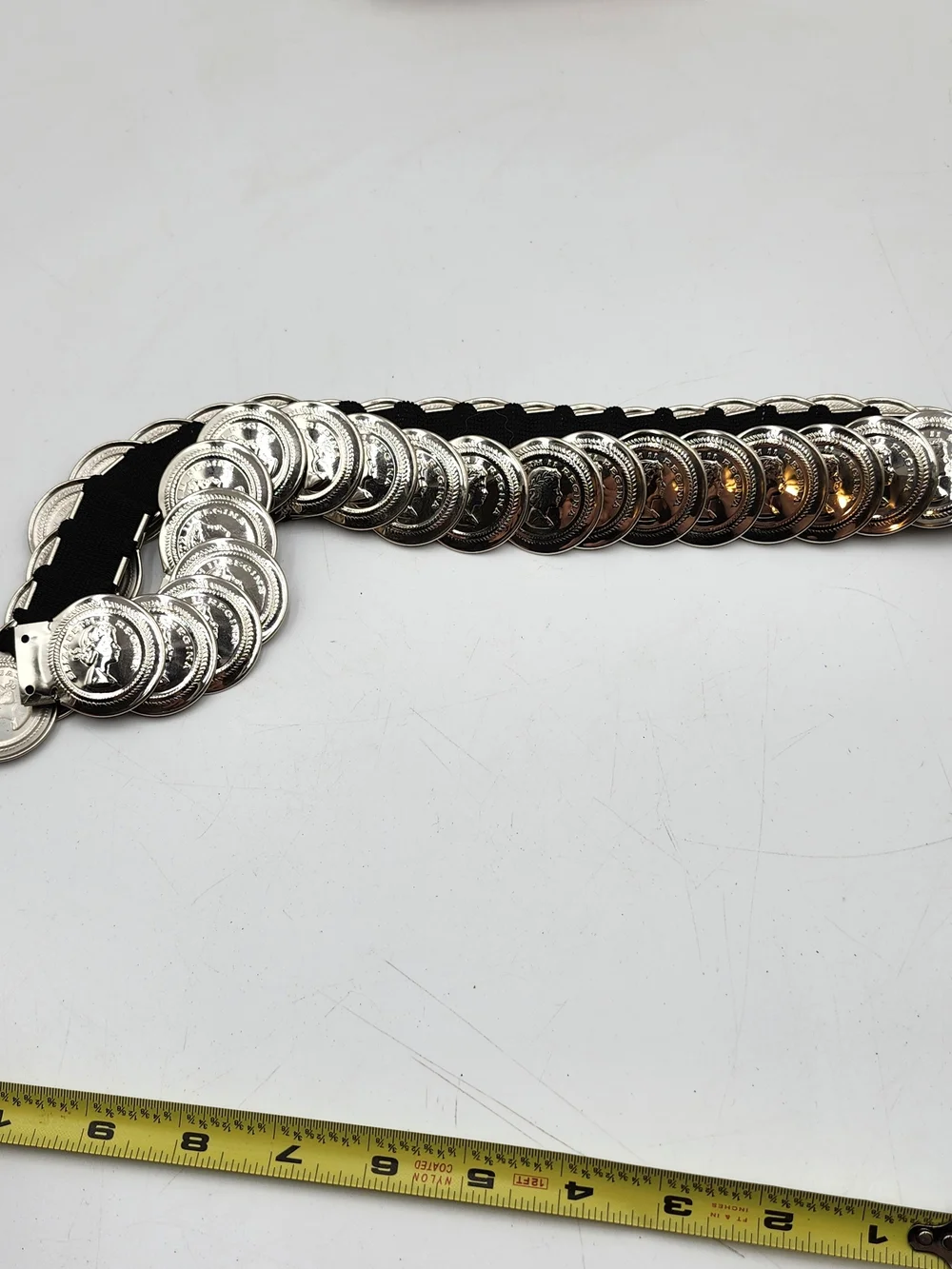 Vintage Elizabeth II Regina Coins Stretch Elastic Waist Belt Silver Tone
